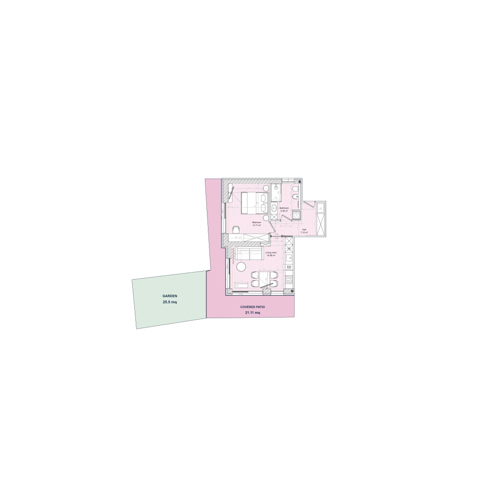 Apartment 01 floor plan, with the residence highlighted